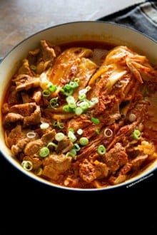 braised kimchi and pork in a braising pot