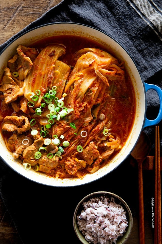braised kimchi served with Korean purple rice