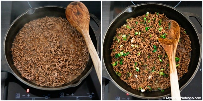 Stir frying ground beef with the sauce