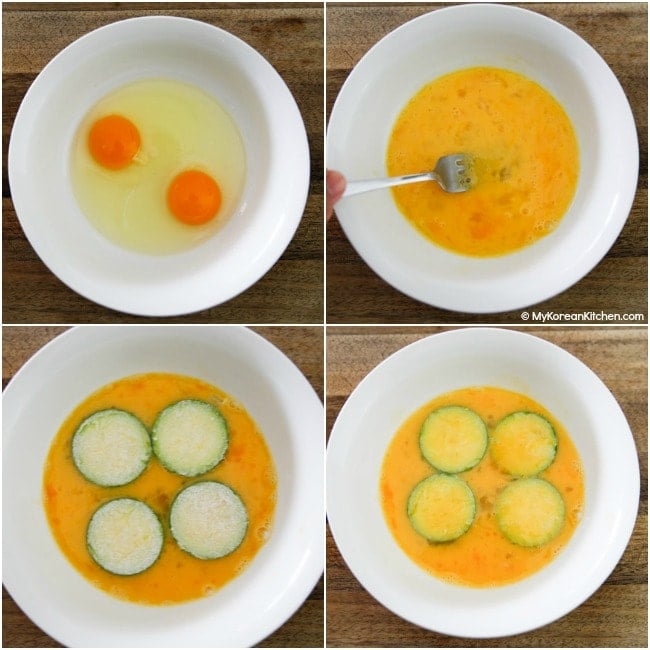 Coating zucchini in beaten egg