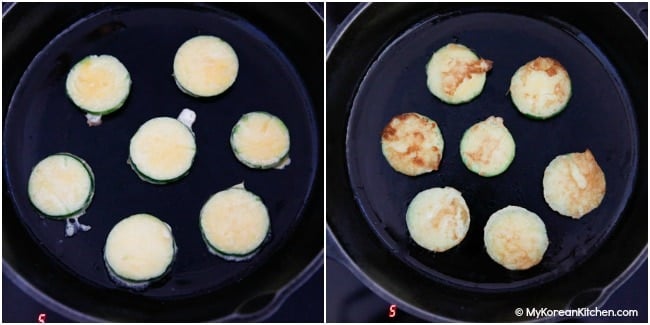 Pan frying Korean zucchini in a skillet