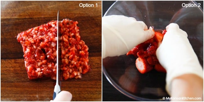 a photo collage - dicing strawberries and mashing strawberries