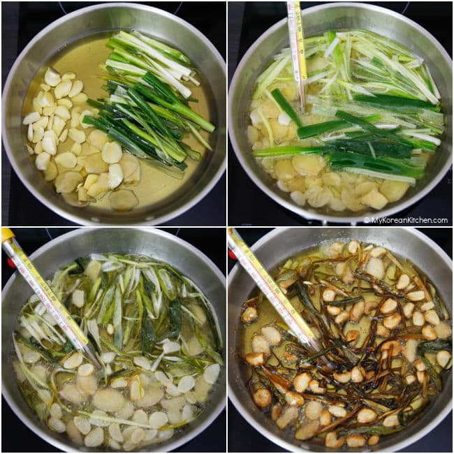 Boiling oil with aromatic vegetables
