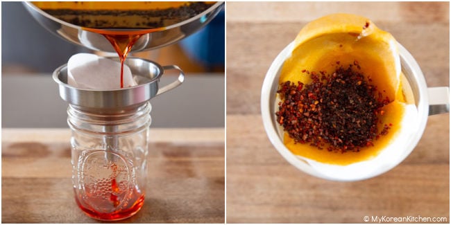Filtering chili oil into the glass jar