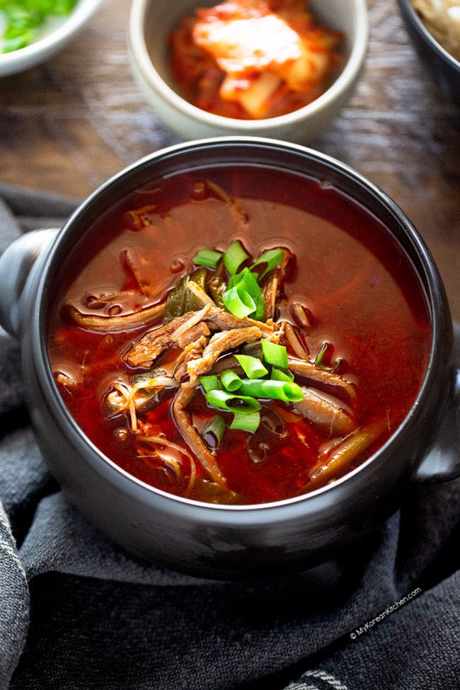 Yukgaejang served in a black earthen bowl