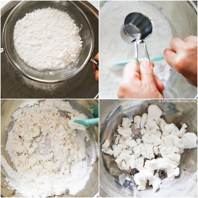 Adding water to rice flour to make rice cake dough