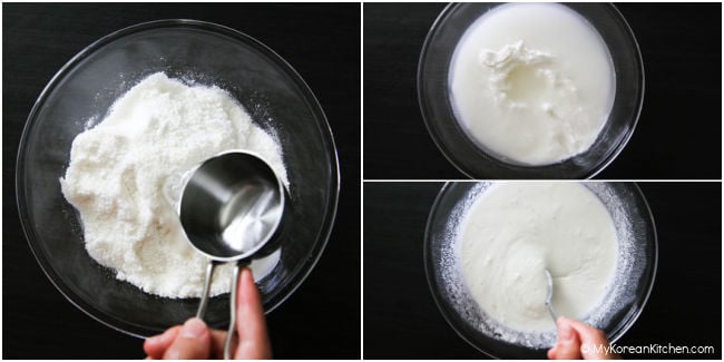 Combining and mixing rice flour with water