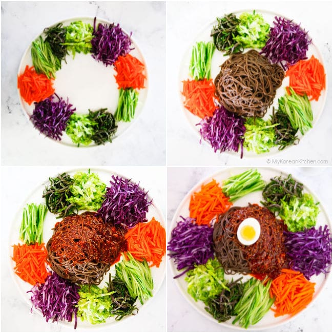 a collage picture of assembling noodles and vegetables on large platter