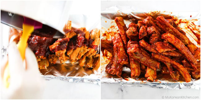 collage image - coating baby back ribs with spicy sauce