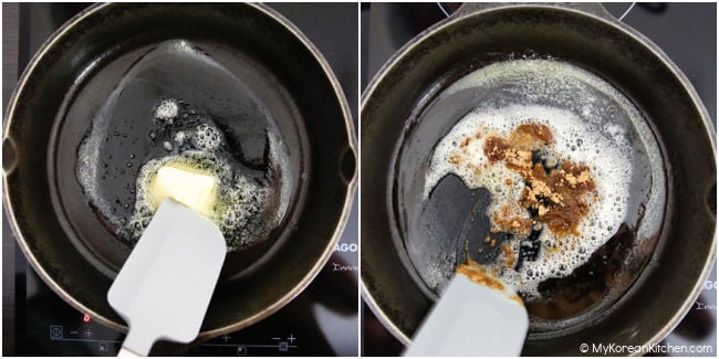 Melting butter and brown sugar in the skillet