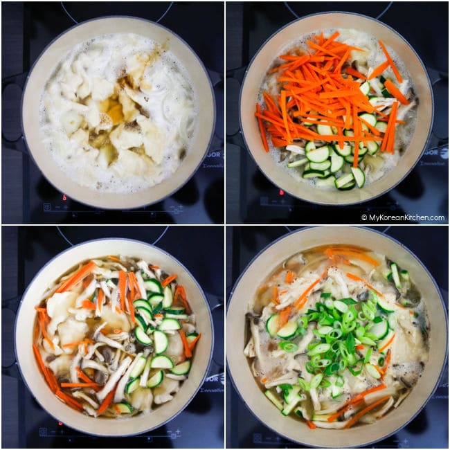 Collage image of making sujebi - Adding the sauce and vegetables.