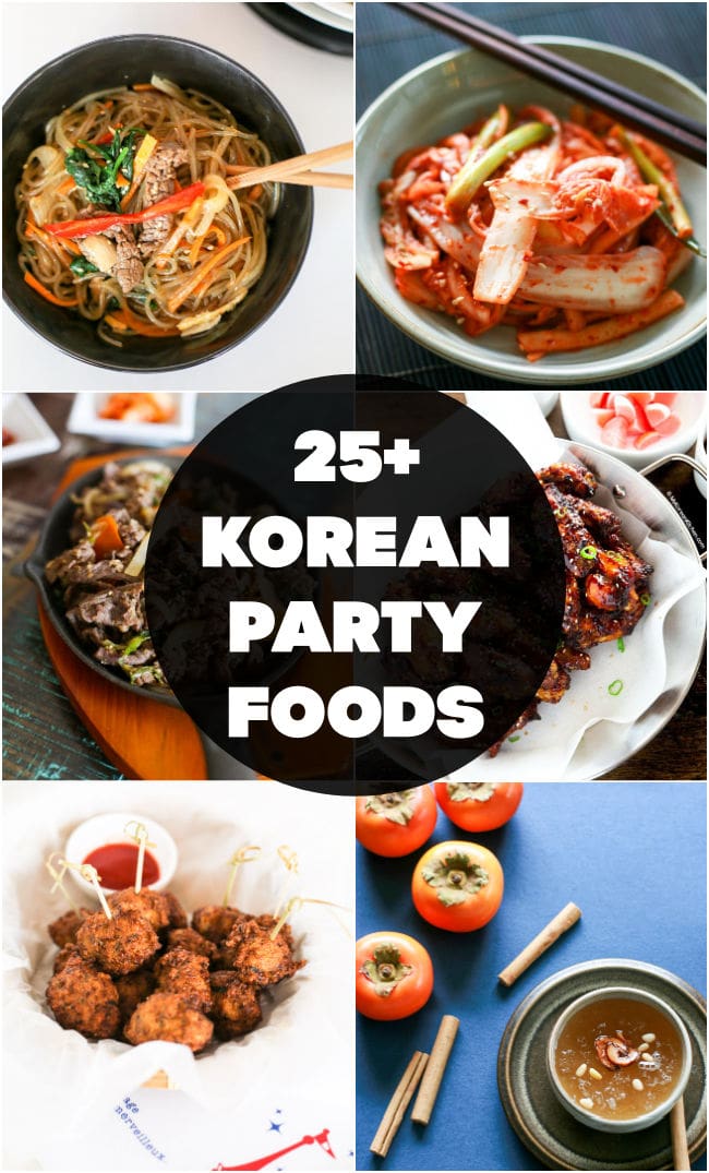 A collage image of 6 Korean dishes that represent 25 Korean party foods.