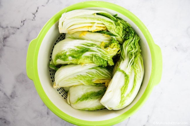 Draining cabbage in a colander