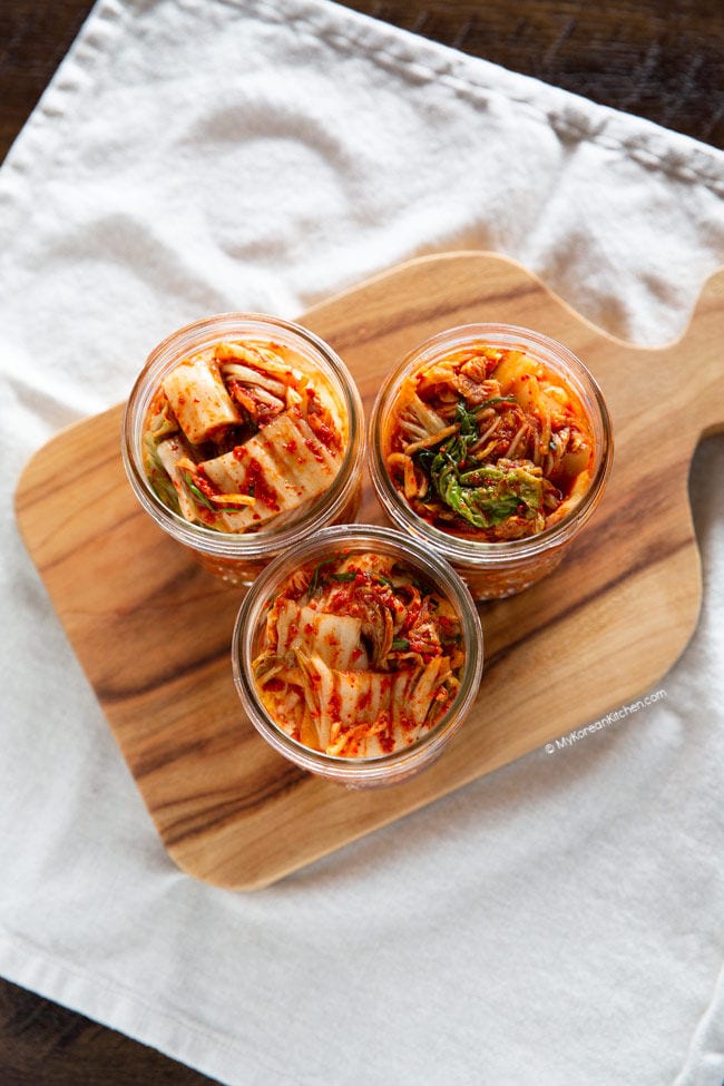 Top down picture of three kimchi jars