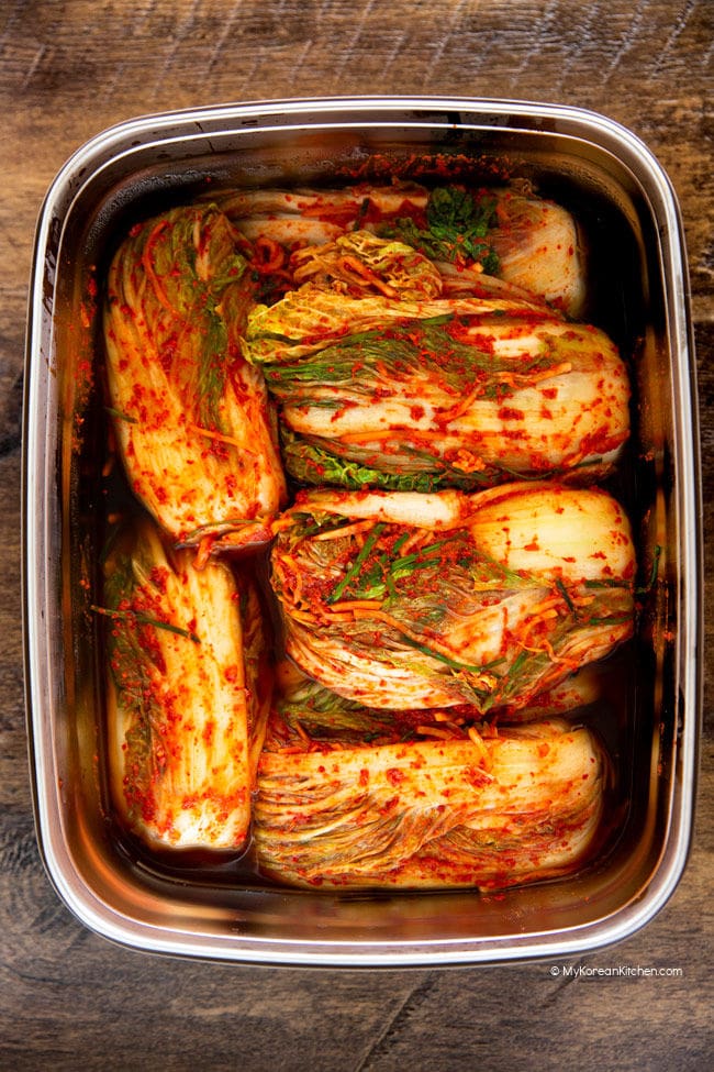 Kimchi packed in a stainless steel kimchi container