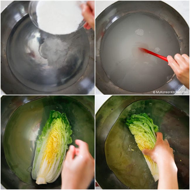 Dissolving salt in water and salting cabbage for kimchi