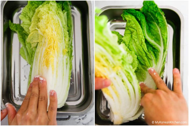 Salting cabbage for kimchi