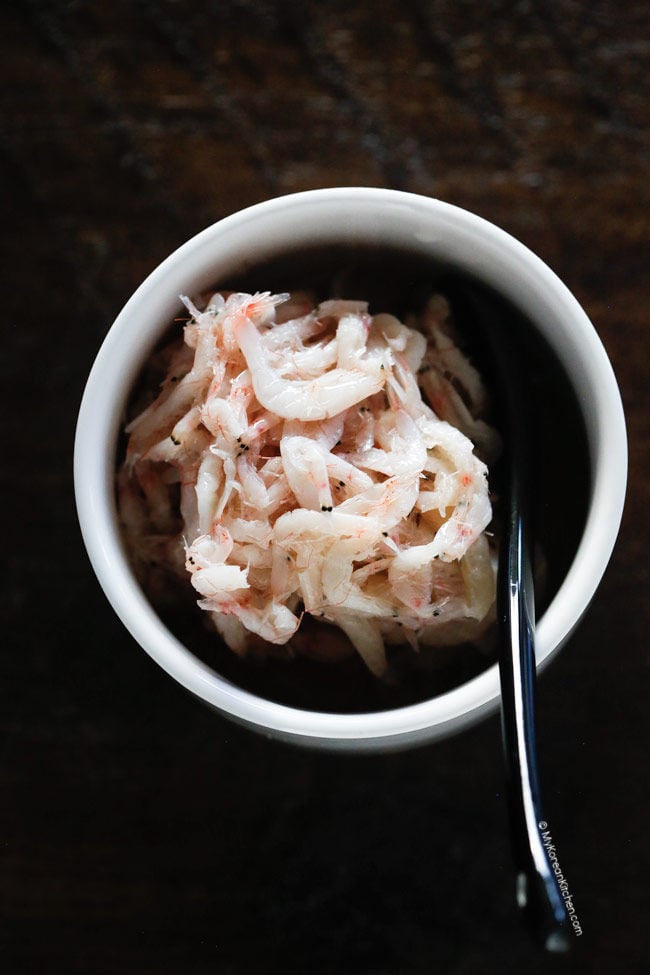 Korean salted shrimp in a small bowl.