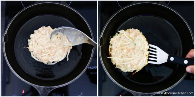 Collage image of cooking bindaetteok in a skillet.
