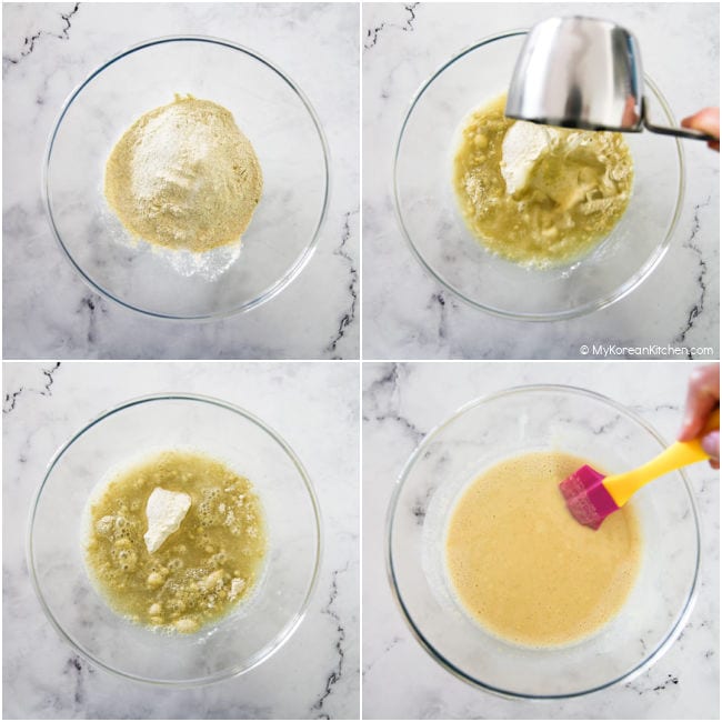 Collage image of mixing mung bean flour in a bowl