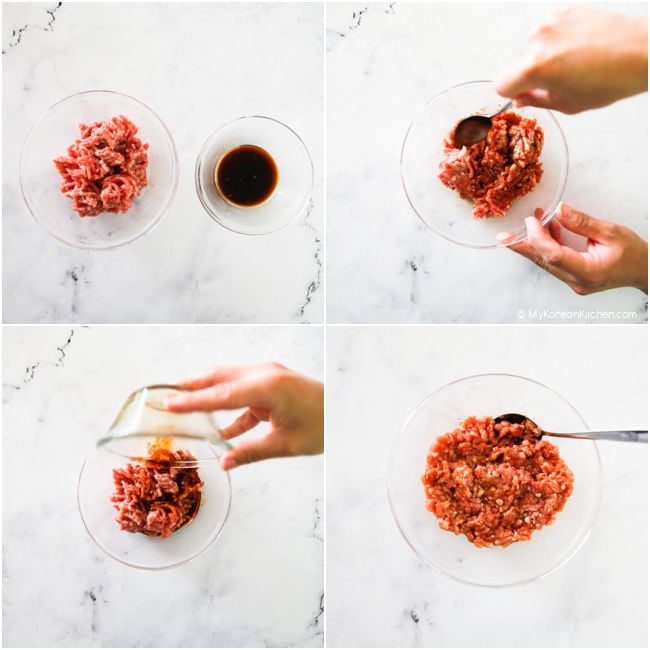 Collage image of marinating pork mince.