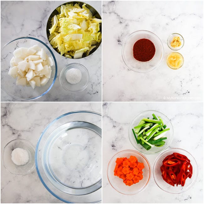 A collage image of the ingredients for nabak kimchi.