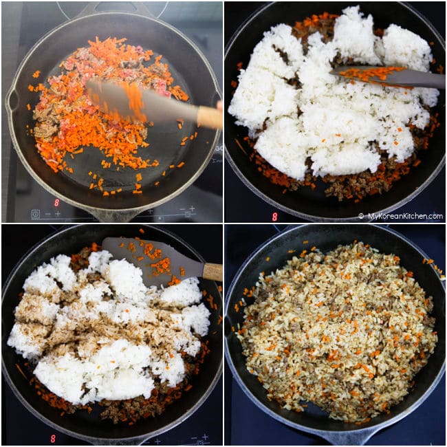 Collage Image - Stir frying beef, carrots and rice.