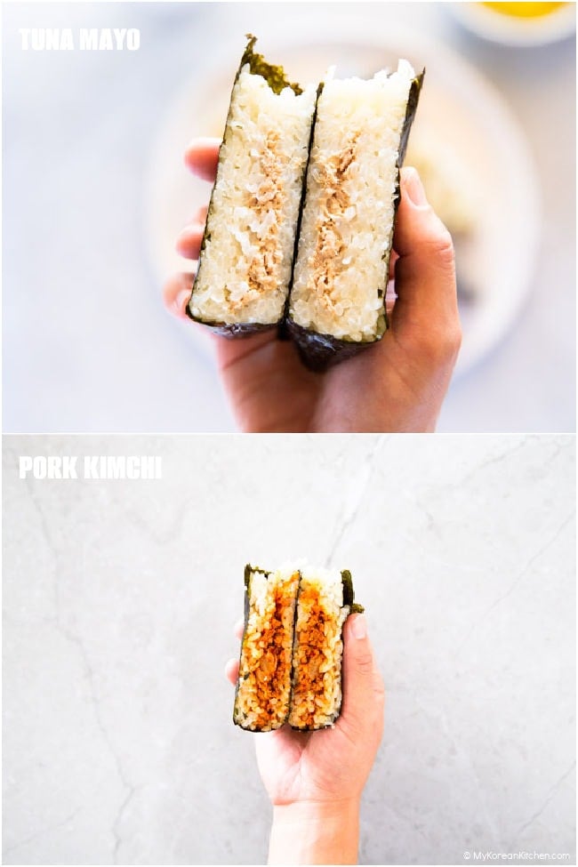 Collage image of two triangle kimbap: one with tuna mayo filling, the other with pork kimchi.