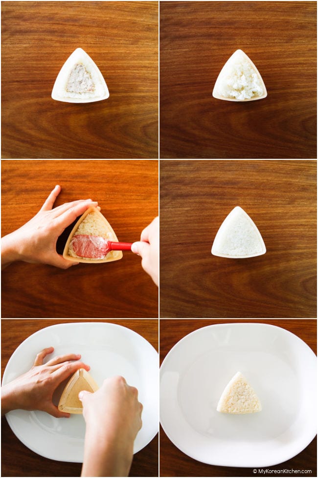 Step-by-step collage image of how to make tuna mayo rice balls.