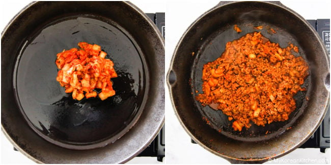 Stir frying seasoned pork and kimchi in a skillet.