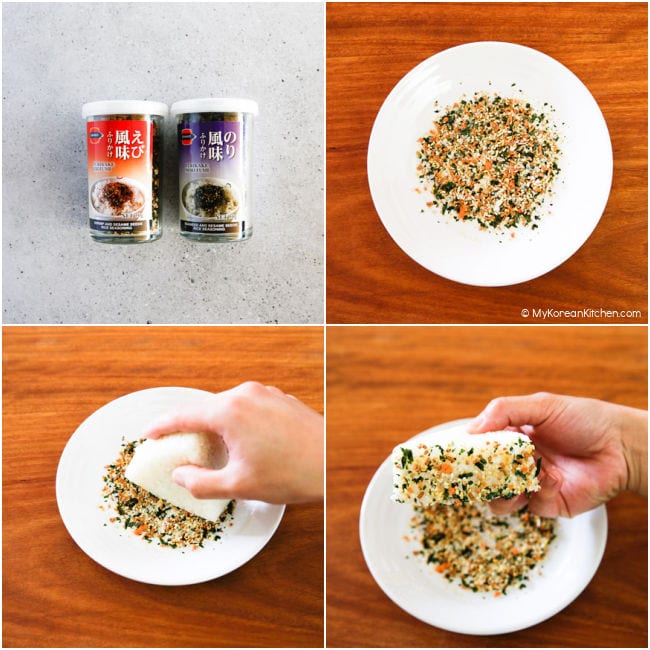 Collage image of rice seasoning, furikake, and dipping the triangle rice over it.