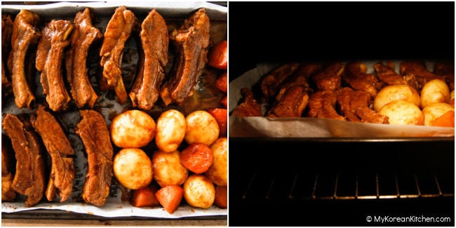 Broiling pressure cooked potatoes, carrots and pork ribs in the oven.