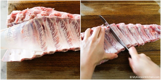 Collage image of removing pork rib membrane and slicing them between the bones.