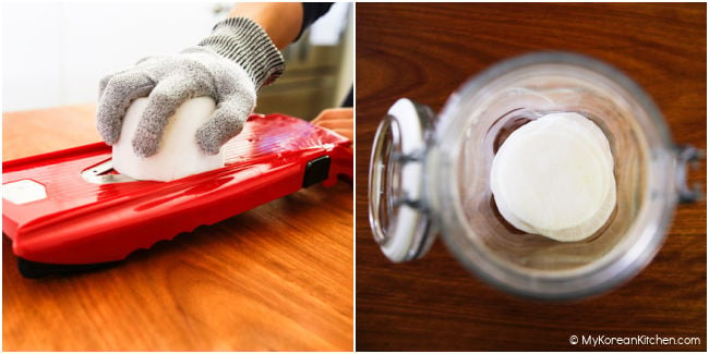 The first image is thinly slicing white radish using a mandoline slicer. The next image is sliced radish in a glass jar.