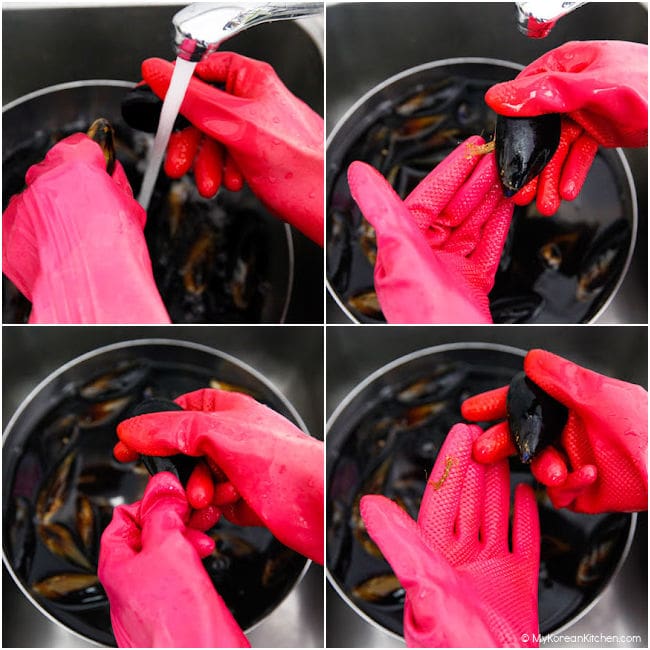 A collage image of cleaning mussels.