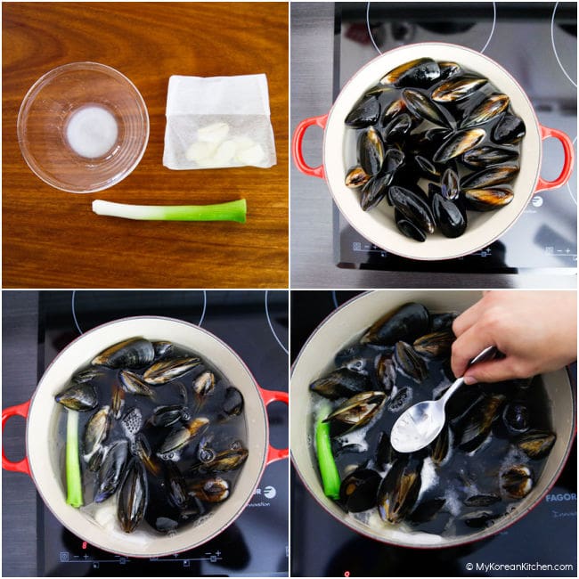 A collage image of making mussel soup - boiling mussels in a pot.