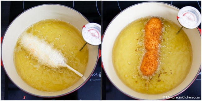 Deep-frying corn dogs in an oil-filled Dutch oven.