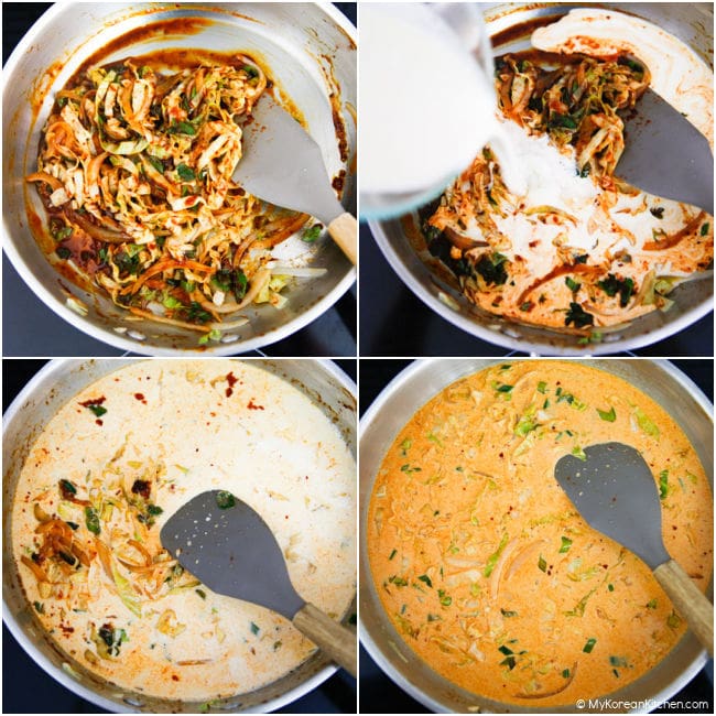 A collage photo of making rose tteokbokki sauce in a stainless steel pan.