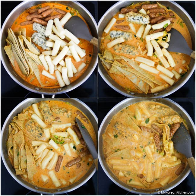 A collage photo of cooking rose tteokbokki in a stainless steel pan.
