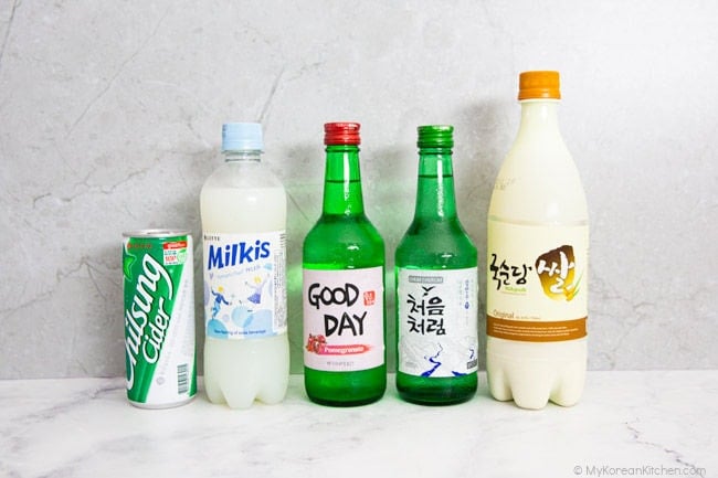 Korean drinks - Korean lemonade, Soju, and Makgeolli.