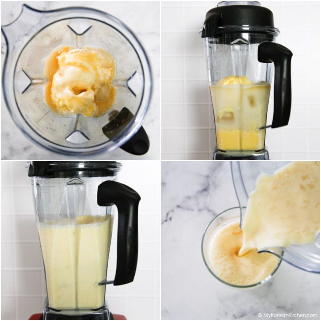 Step-by-step images of a makgeolli shake being blended in a blender.