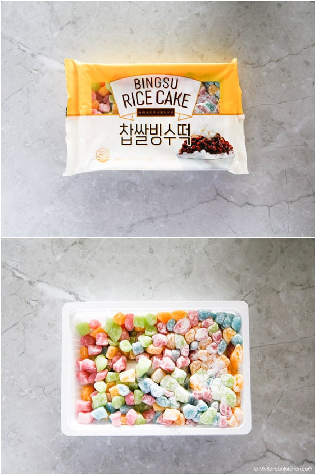 A collage photo of colorful mini mochi rice cakes, with the top image showing the packaging and the bottom image without the packaging.