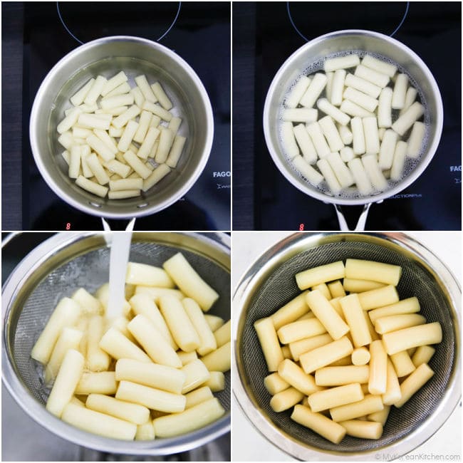 Collage image of blanching rice cakes, then rinsing them under cold water.