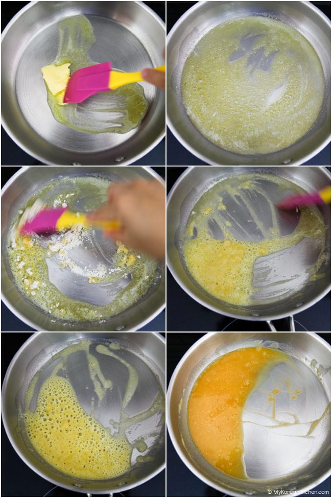 Collage image of making donkatsu sauce - melting butter, adding flour, and then browning it.