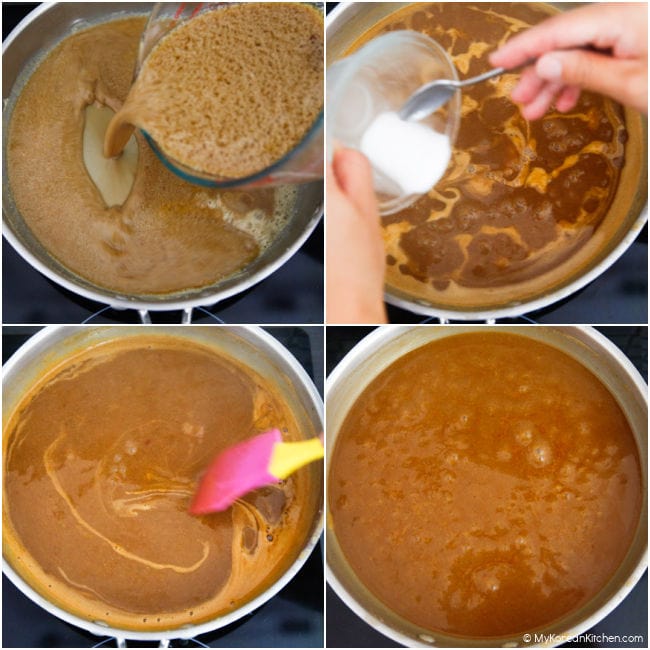 Collage image of making donkatsu sauce - adding part of the sauce mixture from a jug, then introducing a slurry, and finally thickening the sauce.