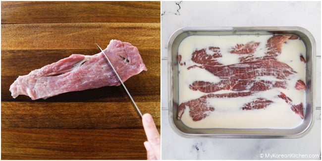 Collage image of scoring the meat and then soaking it in milk in a stainless steel tray.