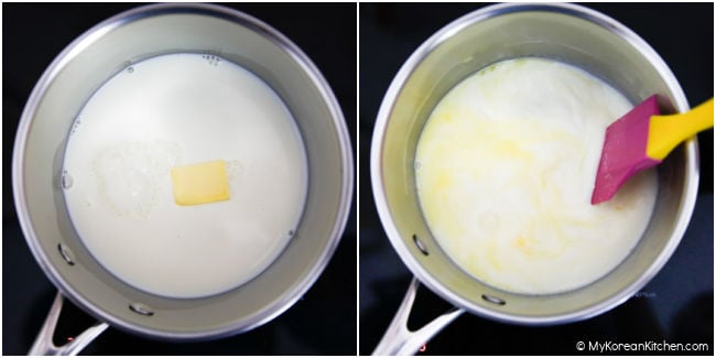 Melting butter in milk inside a saucepan.