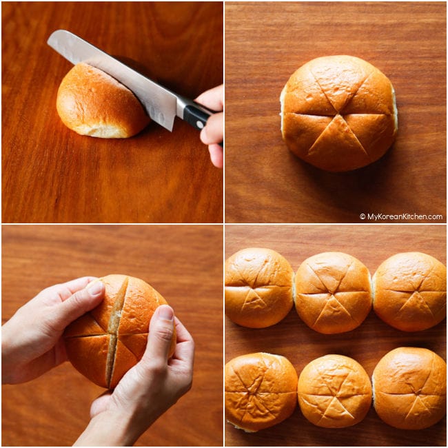 Collage of brioche buns being cut into six sections on a wooden board.