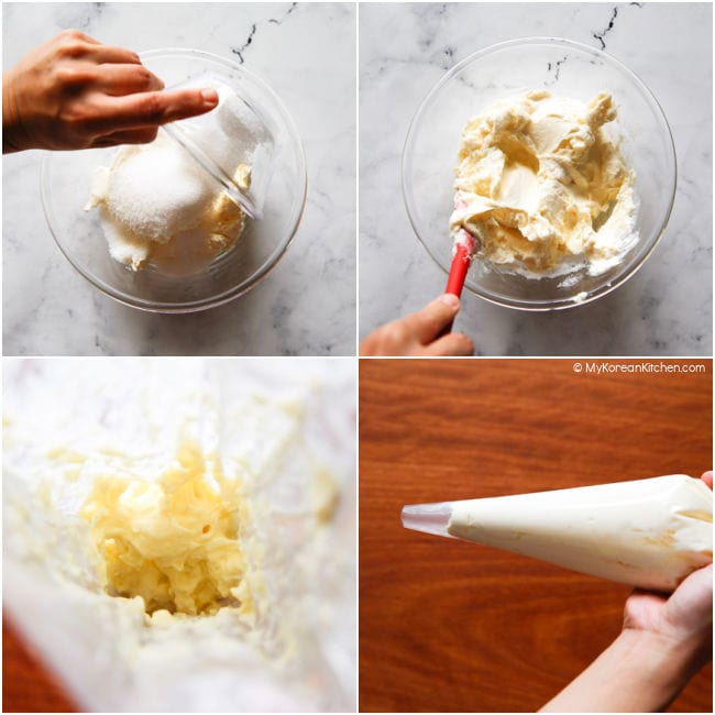 Preparing cream cheese filling and loading it into the piping bag.