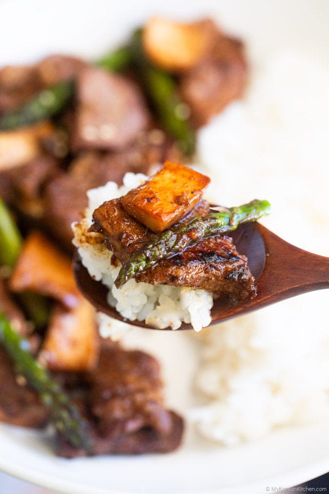 Close-up of a spoonful of rice, BBQ meat, mushroom, and asparagus.